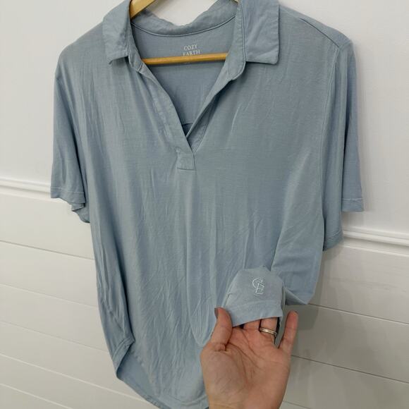 Women’s Cozy Earth Blue V Neck Soft Pajama Sleep Top Shirt Large L - Picture 3 of 4